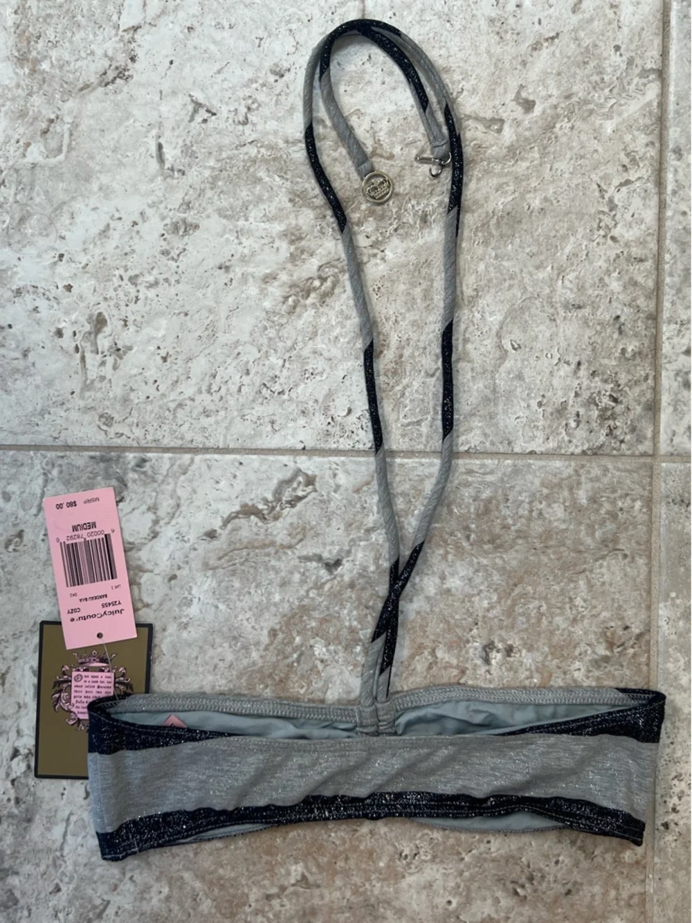 Juicy Couture NWT Grey and Metallic Shimmery Black Striped Bandeau Bra, size M